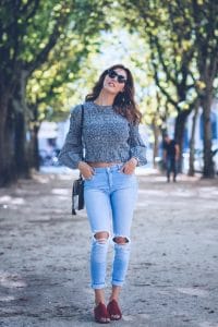 Crop-top vichy Zara et Jean destroy Stradivarius et Sac Mharokyn